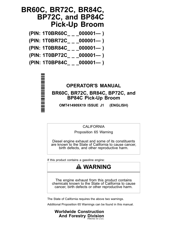 John Deere BR60C, BR72C, BR84C, BP72C, BP84C Worksite Pro Attachments Operator's Manuals (OMT414909X19)