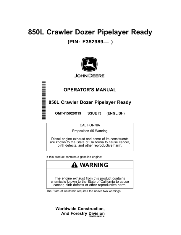 John Deere 850L Crawler Dozers Operator's Manuals (OMT415020X19)