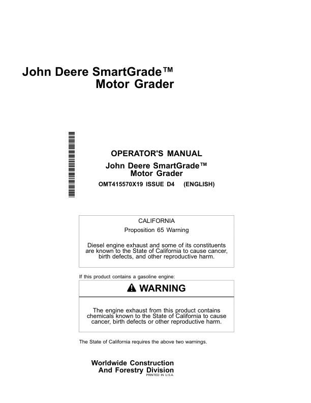 John Deere SMARTGRADE, 620GP, 622GP, 670GP, 672GP, 770GP, 772GP, 870GP, 872GP Motor Graders Operator's Manuals (OMT415570X19)
