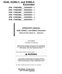 John Deere E240, E240LC, E260LC Excavators Operator's Manuals (OMT417971X019)