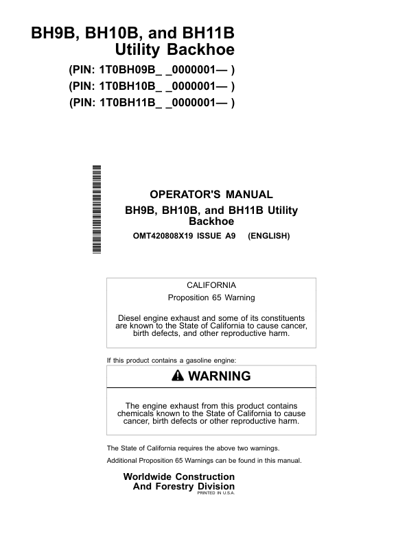 John Deere BH9B, BH10B, BH11B Worksite Pro Attachments Operator's Manuals (OMT420808X19)