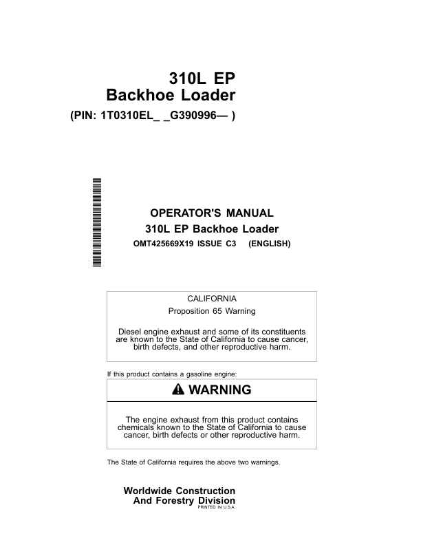 John Deere 310L EP Backhoe Loaders Operator's Manuals (OMT425669X19)