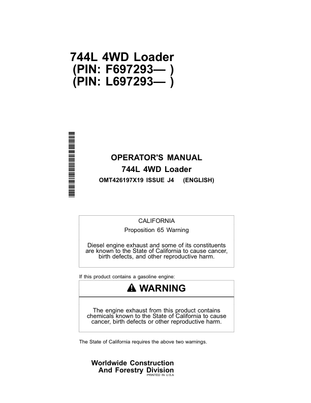 John Deere 744L Loaders Operator's Manuals (OMT426197X19)