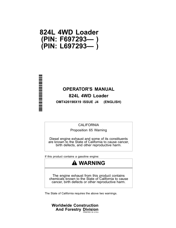 John Deere 824L Loaders Operator's Manuals (OMT426198X19)