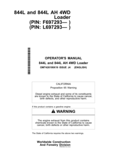 John Deere 844L, 844LAH Loaders Operator's Manuals (OMT426199X19)