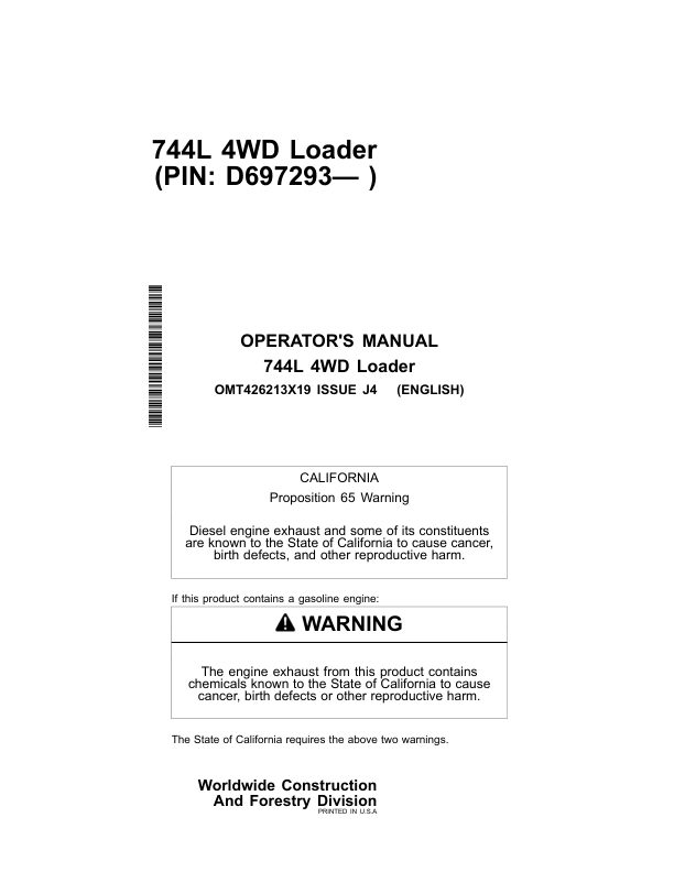 John Deere 744L Loaders Operator's Manuals (OMT426213X19)