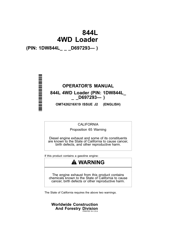 John Deere 844L Loaders Operator's Manuals (OMT426216X19)