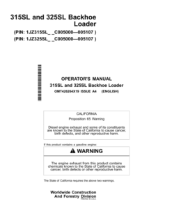 John Deere 315SL, 325SL Backhoe Loaders Operator's Manuals (OMT426264X19)
