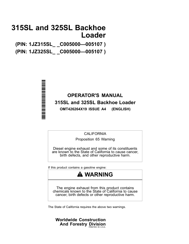 John Deere 315SL, 325SL Backhoe Loaders Operator's Manuals (OMT426264X19)