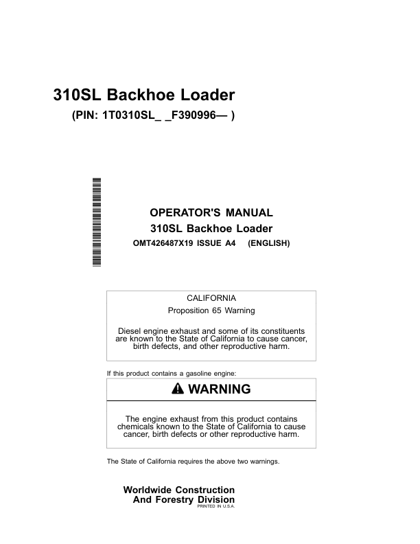 John Deere 310SL Backhoe Loaders Operator's Manuals (OMT426487X19)
