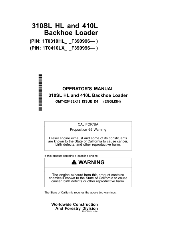 John Deere 310SL HL, 410L Backhoe Loaders Operator's Manuals (OMT426488X19)