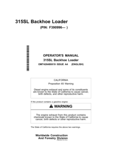 John Deere 315SL Backhoe Loaders Operator's Manuals (OMT426489X19)
