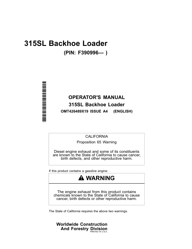 John Deere 315SL Backhoe Loaders Operator's Manuals (OMT426489X19)