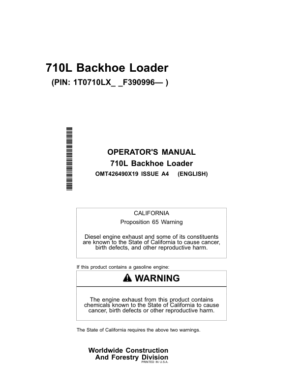 John Deere 710L Backhoe Loaders Operator's Manuals (OMT426490X19)