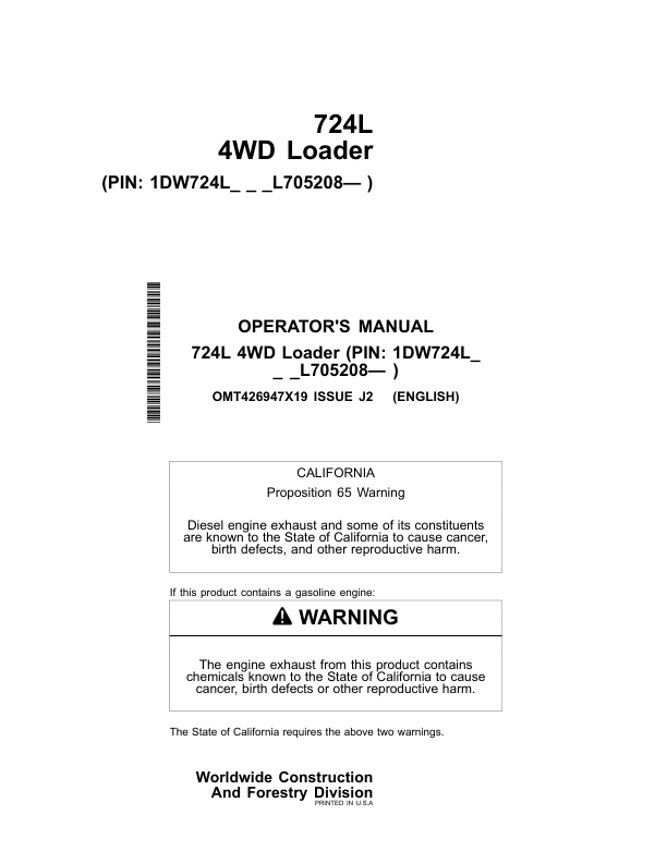 John Deere 724L Loaders Operator's Manuals (OMT426947X19)