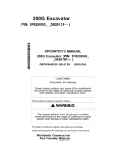 John Deere 200G Excavators Operator's Manuals (OMT429492X19)