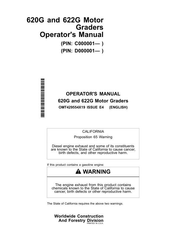 John Deere 620G, 622G Motor Graders Operator's Manuals (OMT429554X19)