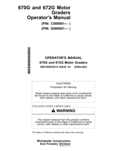 John Deere 670G, 672G Motor Graders Operator's Manuals (OMT429555X19)