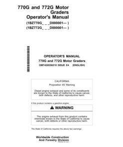 John Deere 770G, 772G Motor Graders Operator's Manuals (OMT429556X19)