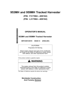 John Deere 953MH, 959MH Tracked Harvesters Operator's Manuals (OMT430914X019)