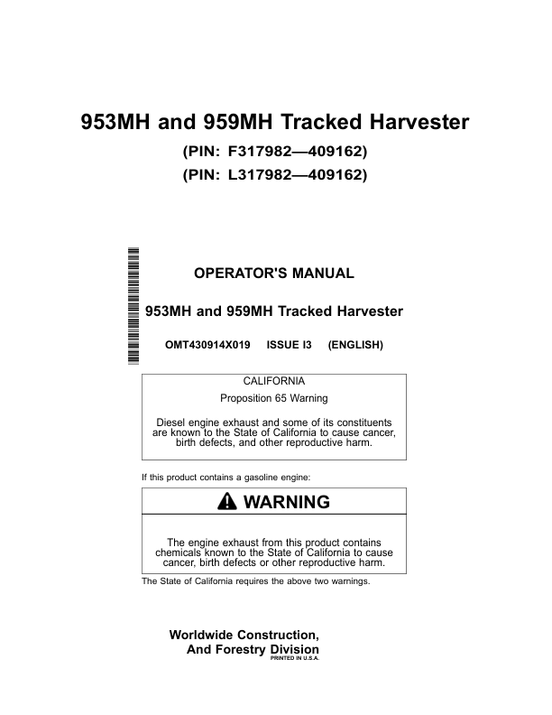 John Deere 953MH, 959MH Tracked Harvesters Operator's Manuals (OMT430914X019)