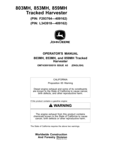 John Deere 803MH, 853MH, 859MH Tracked Harvesters Operator's Manuals (OMT430919X019)