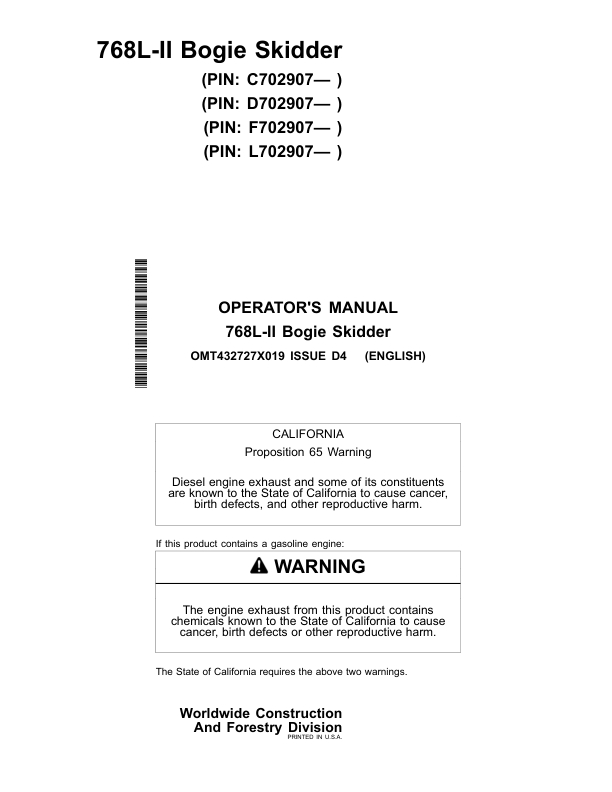John Deere 768L-II Skidders Operator's Manuals (OMT432727X019)