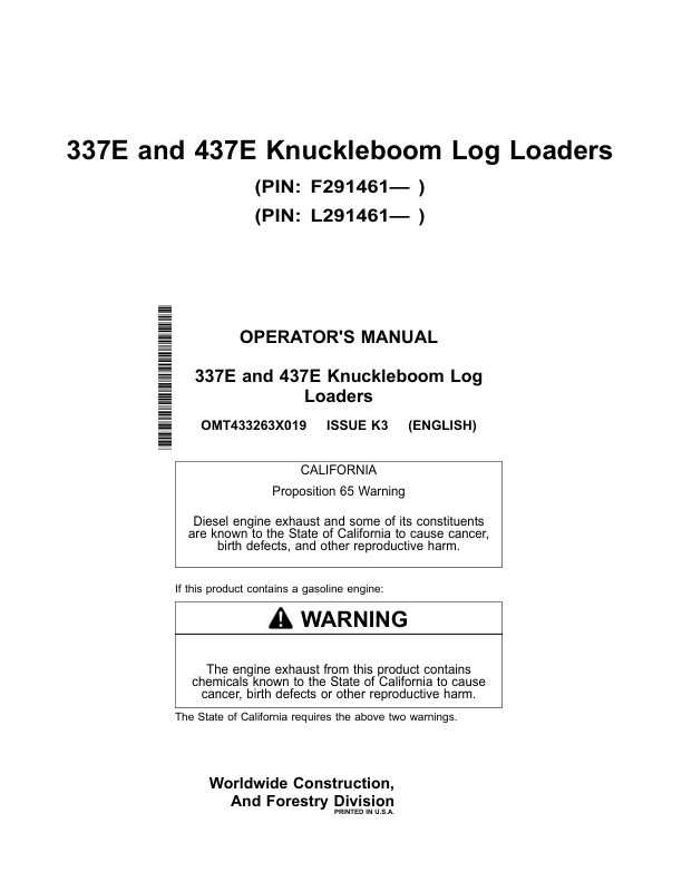 John Deere 337E, 437E Knuckleboom Loader Operator's Manuals (OMT433263X019)