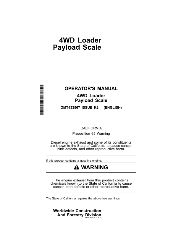 John Deere 744L, 824L, 844L, 844LAH Loaders Operator's Manuals (OMT433567)