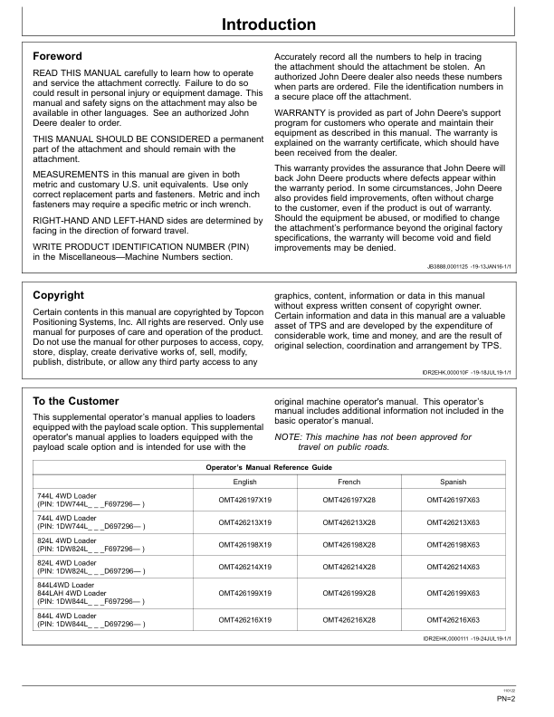 John Deere 744L, 824L, 844L, 844LAH Loaders Operator's Manuals (OMT433567) - Image 2