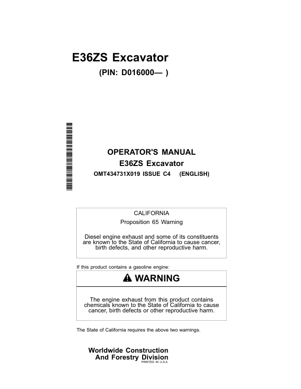 John Deere E36ZS Excavators Operator's Manuals (OMT434731X019)
