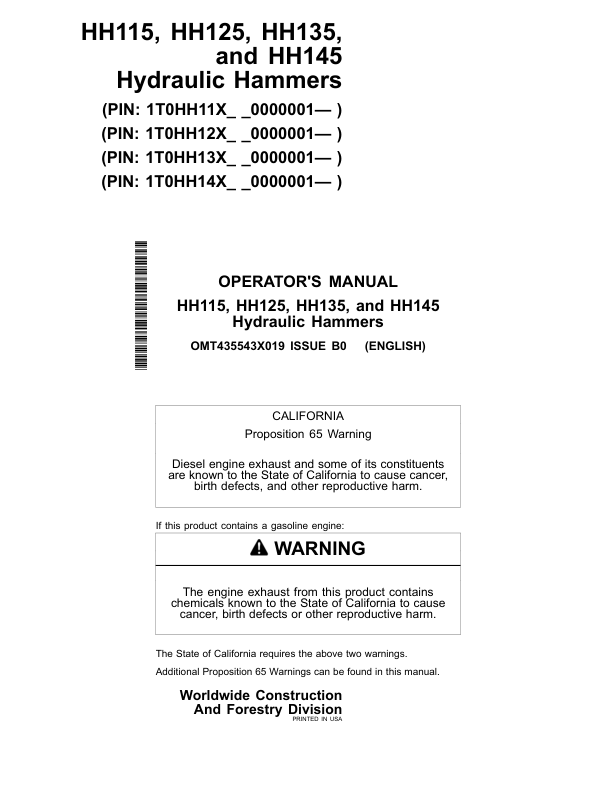 John Deere HH115, HH125, HH135, HH145 Hydraulic Hammers Operator's Manuals (OMT435543X019)
