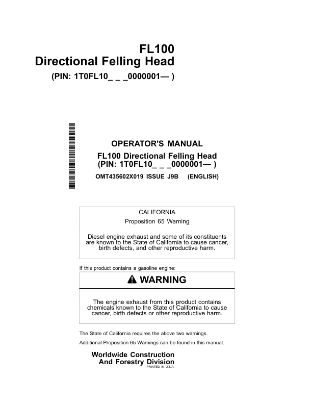 John Deere FL100 Felling Heads Operator's Manuals (OMT435602X019)