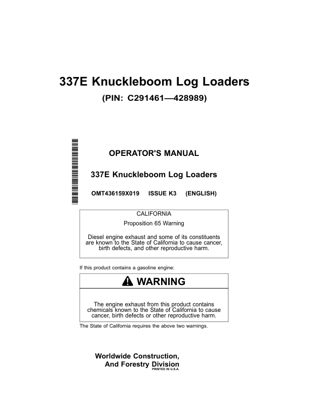 John Deere 337E Knuckleboom Loader Operator's Manuals (OMT436159X019)