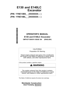 John Deere E130, E140LC Excavators Operator's Manuals (OMT437138X019)