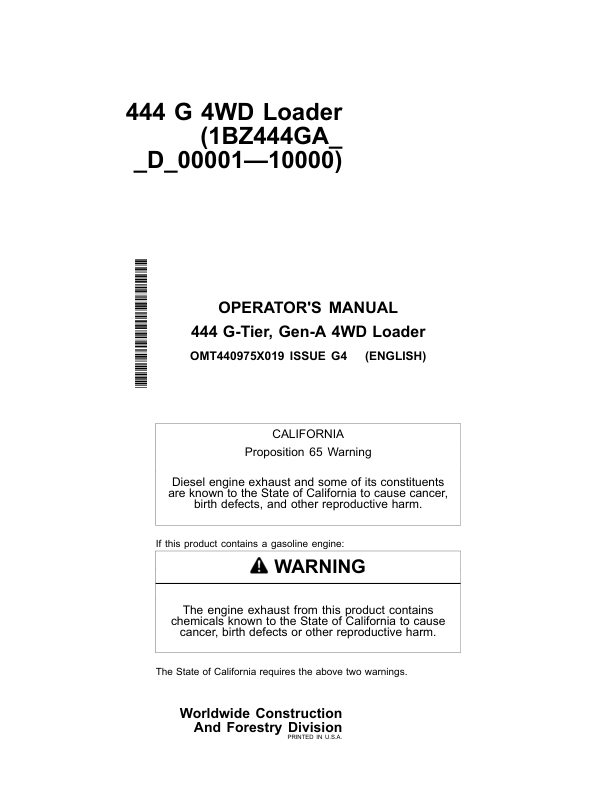 John Deere 444 G Loaders Operator's Manuals (OMT440975X019)