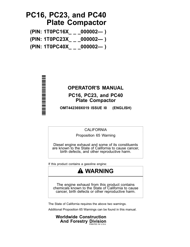 John Deere PC16, PC23, PC40 Attachments Operator's Manuals (OMT442369X019)