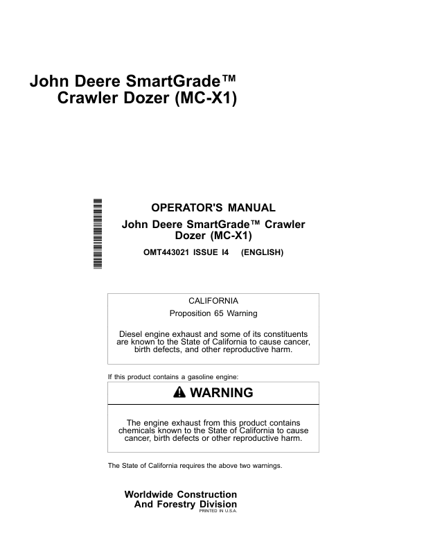 John Deere 650K, 700L, 750L, 850L Crawler Dozers Operator's Manuals (OMT443021)