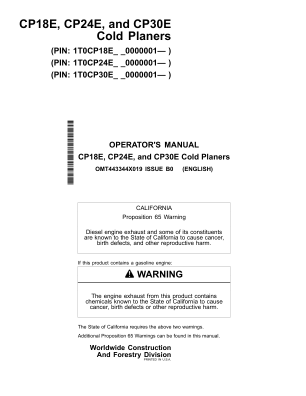 John Deere CP18E, CP24E, CP30E Worksite Pro Attachments Operator's Manuals (OMT443344X019)