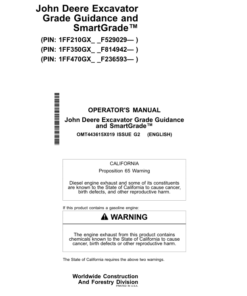 John Deere SMARTGRADE, 210G, 210GLC, 350GLC, 470GLC Excavators Operator's Manuals (OMT443615X019)