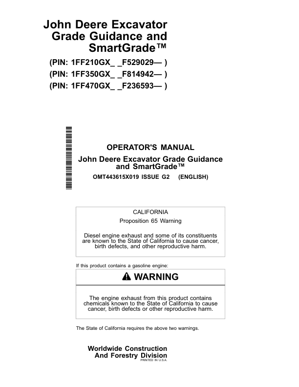 John Deere SMARTGRADE, 210G, 210GLC, 350GLC, 470GLC Excavators Operator's Manuals (OMT443615X019)