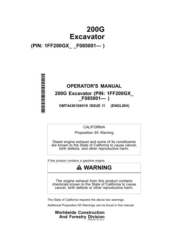 John Deere 200G Excavators Operator's Manuals (OMT443618X019)