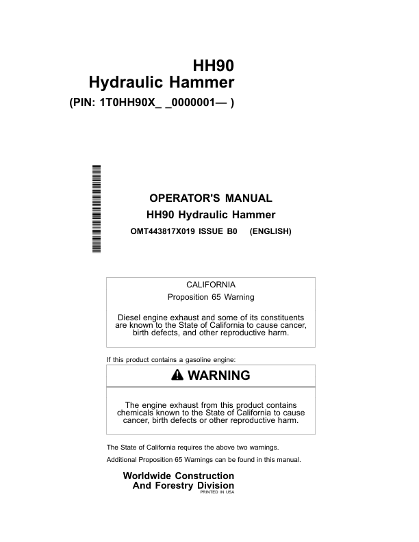 John Deere HH90 Hydraulic Hammers Operator's Manuals (OMT443817X019)