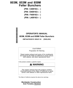 John Deere 803M, 853M, 859M Tracked Feller Bunchers Operator's Manuals (OMT444762X019)