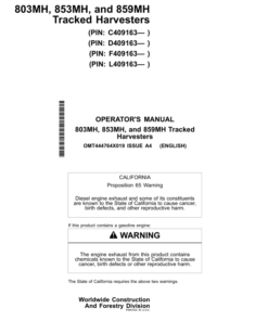 John Deere 803MH, 853MH, 859MH Tracked Harvesters Operator's Manuals (OMT444764X019)