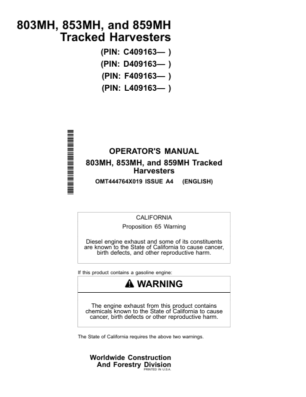 John Deere 803MH, 853MH, 859MH Tracked Harvesters Operator's Manuals (OMT444764X019)