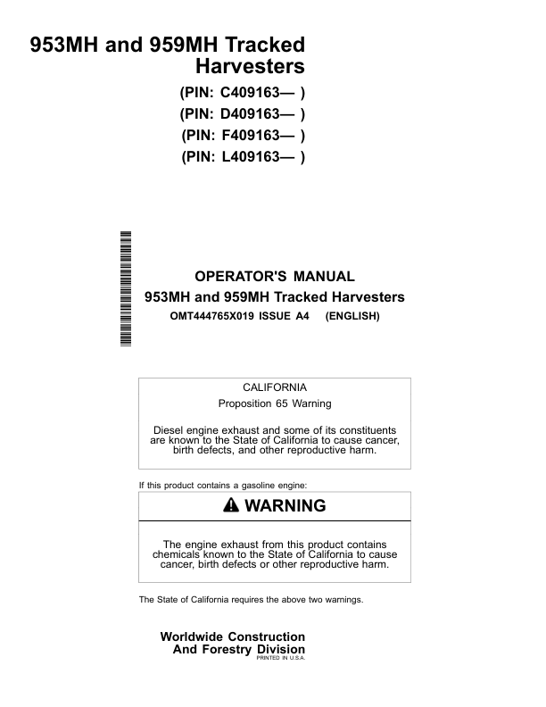 John Deere 953MH, 959MH Tracked Harvesters Operator's Manuals (OMT444765X019)