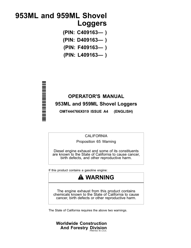John Deere 953ML, 959ML Shovel Logger Operator's Manuals (OMT444766X019)