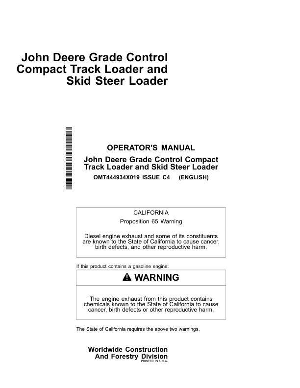 John Deere 333G Skid Steers Operator's Manuals (OMT444934X019)