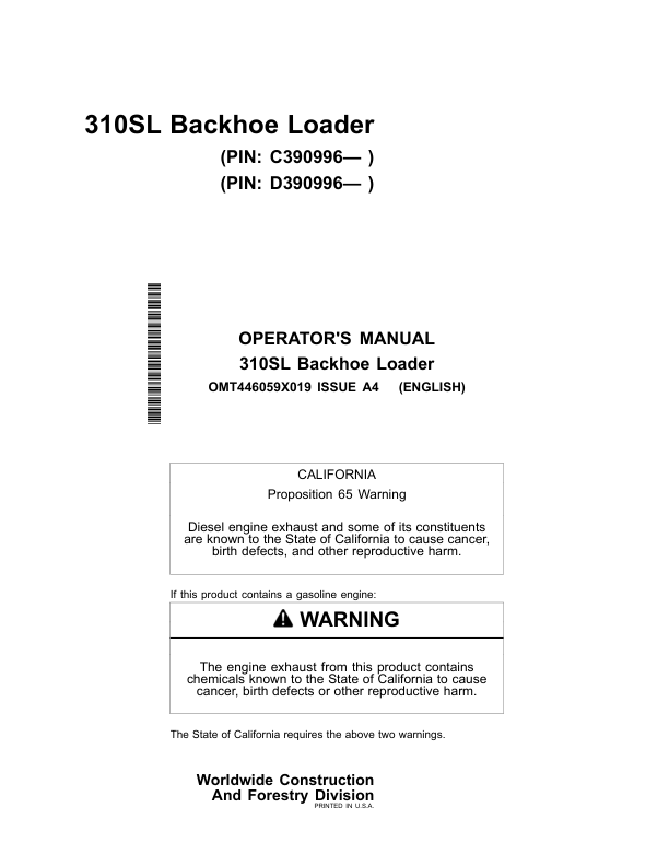 John Deere 310SL Backhoe Loaders Operator's Manuals (OMT446059X019)